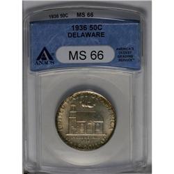 1936 50C Delaware MS66 ANACS. Softly lustrous fields h 