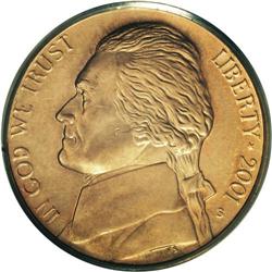 2001-S 5C Jefferson Nickel--Struck on a Cent Planchet- 