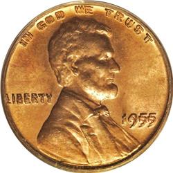 1955/55 1C Doubled Die Obverse MS64 Red PCGS. Sunset-r 