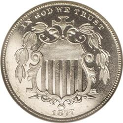 1877 5C PR67 Cameo NGC. A proof-only date with a minta 