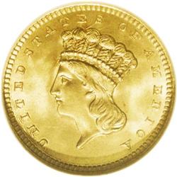 1858 G$1 MS67 NGC. Due to a respectable mintage of 118 