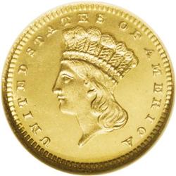 1866 G$1 MS67 S Prooflike NGC. Glowing white-gold dev 