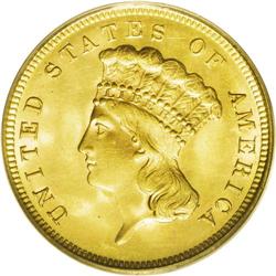 1889 $3 MS66 PCGS. Long before the denomination was di 