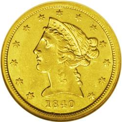 1840-C $5 AU58 NGC. Variety 2-B, Die State I. In this 