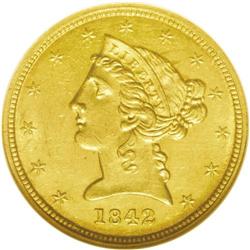 1842-D $5 Small Date MS62 NGC. Variety 6-E. Coruscatin 