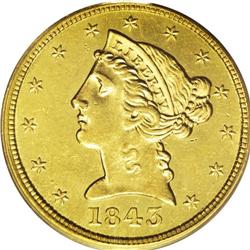 1843-D $5 Medium D MS62 PCGS. Variety 10-H. Three tiny 