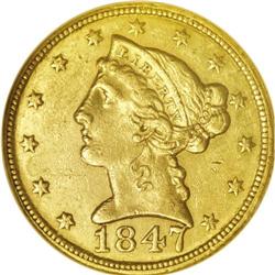 1847-C $5 MS61 NGC. Variety 9-E. In 1847 the Charlotte 