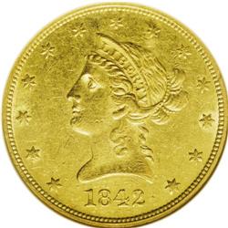 1842-O $10 AU58 NGC. Some residual luster is still evi 