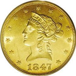 1847 $10 MS62 PCGS. This honey-gold type coin is well 