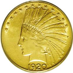 1920-S $10 AU55 PCGS. Nearly full satiny mint luster w 