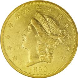 1850-O $20 AU55 NGC. Popular as the first year of issu 