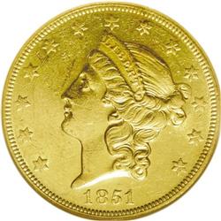 1851-O $20 AU58 NGC. With a mintage of 315,000 pieces, 