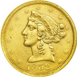 1852 $5 Wass Molitor Five Dollar, Small Head AU55 NGC. 