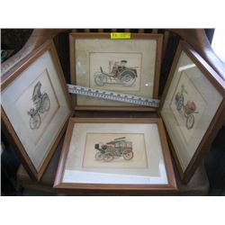 SET OF 4 FRAMED PRINTS OF "THE EARLY MOTORIZED VEHICLES"