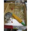 Image 1 : BOX OF MISC SIFTER, ROLLING PIN, COCA COLA GLASSES, MILK BOTTLES, ETC.