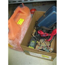 BOX OF MISC TIN BOX, BATTERY CHARGERS, INTELLIGENT BATTERY CHARGER, WIRE, FUEL CAN, ETC.