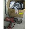 Image 1 : BOX OF ASSORTED ELECTRICAL BOXES, CORDLESS CRIMPER (NO BATTERY OR CHARGER)