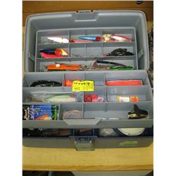 TACKLE BOX WITH ASSORTED LURES, KNIFE PLIERS ETC.