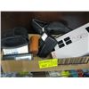 BOX WITH ASSORTED CAMERA FLASHES, DICTAPHONE, NINTENDO ACCESS., ETC.