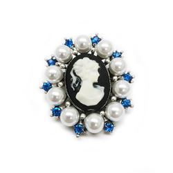 Blue Rhinestone And White Pearl Cameo Broach