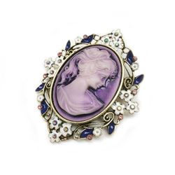 Purple Semi-Precious Floral Cameo Broach Silhouette Of