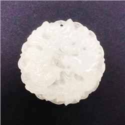 Asian White Jade Carved Peacock Dragon Medallion
