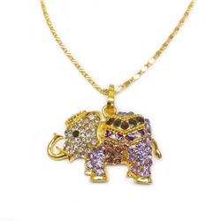 Bejeweled Purple And Gold Rhinestone Ganesh Chaturthi Elephant Pendant Paired With Necklace Marked 1