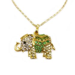 Bejeweled Green & Gold Rhinestone Ganesh Chaturthi Elephant Pendant Paired With Necklace Marked 18KG