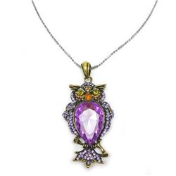 Bejeweled Purple Rhinestone Enchanted Owl Pendant Paired With Necklace Marked 18KGP