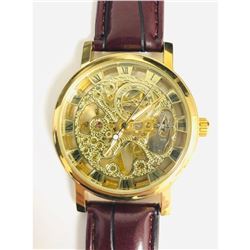 Genuine Leather Banded Skeleton Dial Automatic Watch