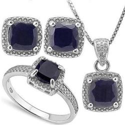 4 3/5 CARAT BLACK SAPPHIRE DIAMOND 925 STERLING SILVER SET - Very Rare Set
