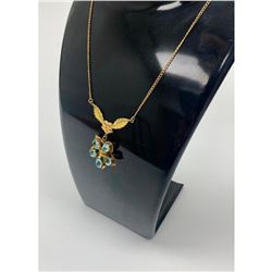 Ladies .34ct Tear Drop Cut Sky Blue Citrine & 10K Gold Plated Gold Flower Necklace