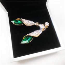 Ladies Gold Tone Long Eardrop Crystal Cubic Zircon Emerald Stud Earrings