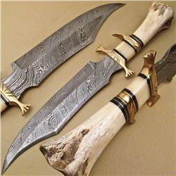 Bone Handle Brass Insert Custom Designed Damascus Hunters Knife