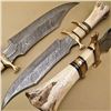 Image 1 : Bone Handle Brass Insert Custom Designed Damascus Hunters Knife