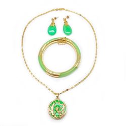 4 Piece Gold Plated & Green Jade Jewelry Set.