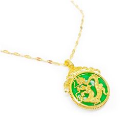 Chinese Carved Green Jade In Gold Dragon Mount Necklace