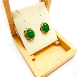 Lovely Pair of Ladies 1.51ct Oval Cut Canadian Jade Stone Earrings in 18KT Gold Plated Floral Mount