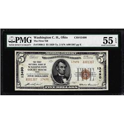 1929 $5 Washington Court House, OH CH# 13490 National Note PMG About Uncirculated 55EPQ