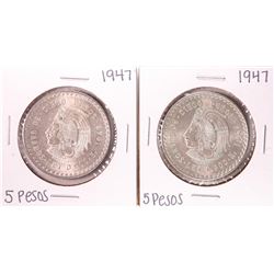 Lot of (2) 1947 Mexico Cuauhtemoc Cinco Pesos Silver Coins