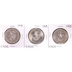 Lot of (3) 1948 Mexico Cuauhtemoc Cinco Pesos Silver Coins