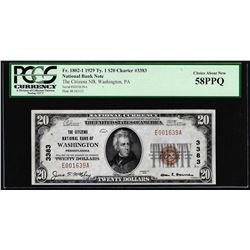 1929 $20 Washington, PA CH# 3383 National Currency Note PCGS Choice About New 58PPQ