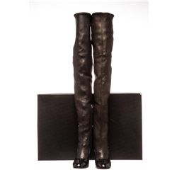 Chanel Black Leather Thigh-High Pearl Heel Boots Heels 38.5
