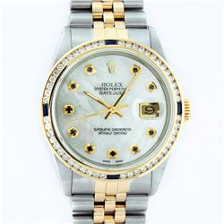 Rolex Mens 2 Tone 14K MOP Sapphire Diamond Channel Set Datejust Wristwatch