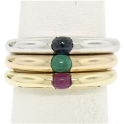 14K Tri Color Gold 3 Stackable Tension Set Emerald Sapphire Ruby Solitaire Rings