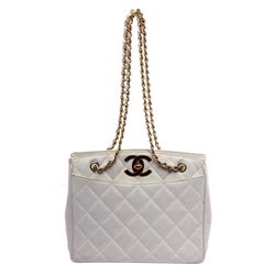 Chanel White Caviar Leather Vintage CC Quilted Tote Bag