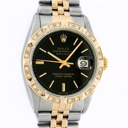 Rolex Mens 2 Tone 14K Black Index Pyramid Diamond Bezel Datejust Wristwatch