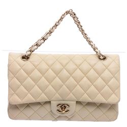 Chanel Off White Quilted Leather Medium Double Flap Bag