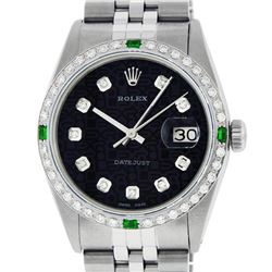 Rolex Mens Stainless Steel Black Diamond & Emerald Datejust Wristwatch