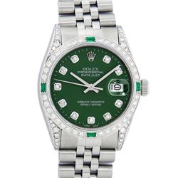 Rolex Mens Stainless Steel Diamond Lugs Green Diamond & Emerald Datejust Wristwa